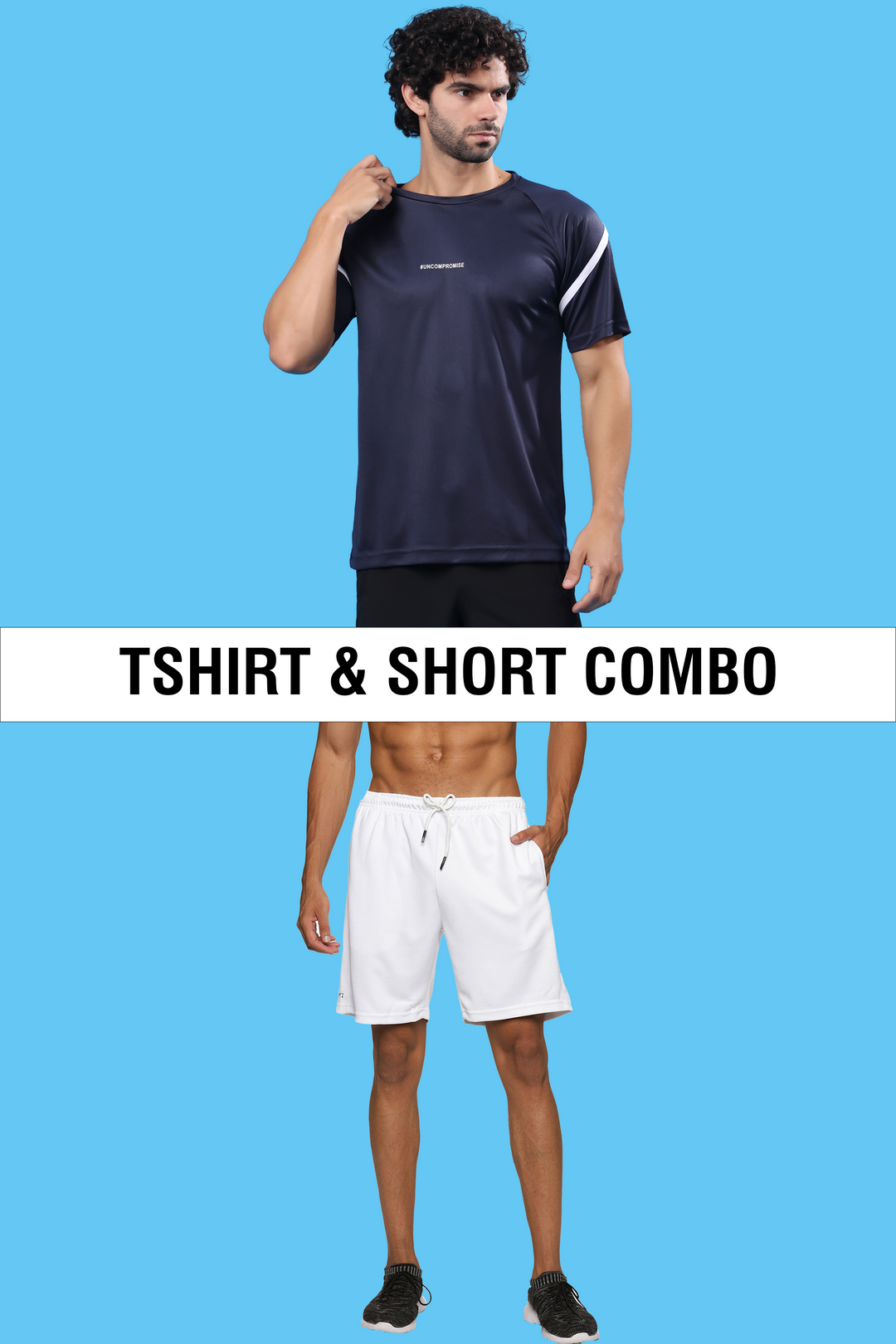 Navy Blue Sports T-Shirt With Poly Cotton White Shorts Combo for Mens - Main Image