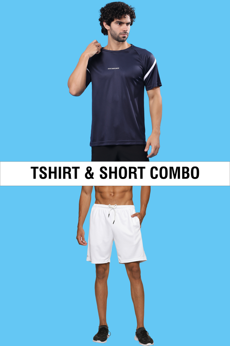 Navy Blue Sports T-Shirt With Poly Cotton White Shorts Combo for Mens