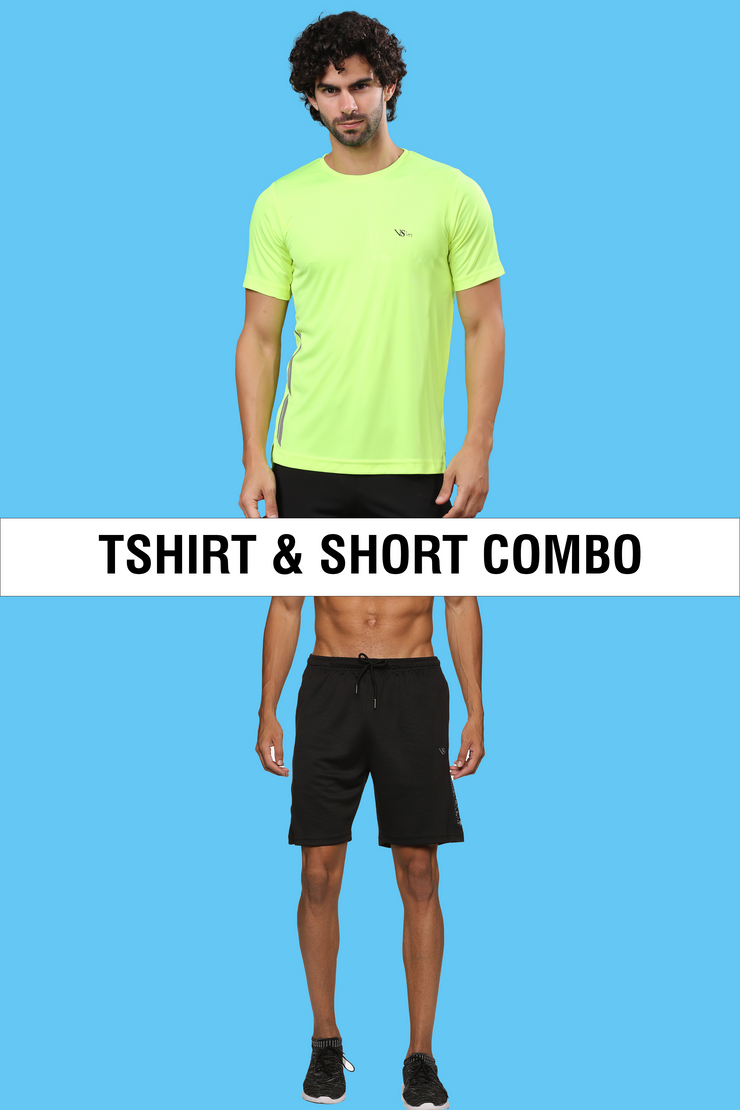 Neon Green Poly T-shirt With Poly Cotton Black Shorts