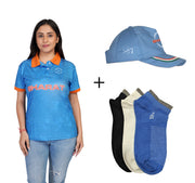 VS - Women's India Cricket Fan Jersey with Light blue Cap and Pack of 3 Socks combo