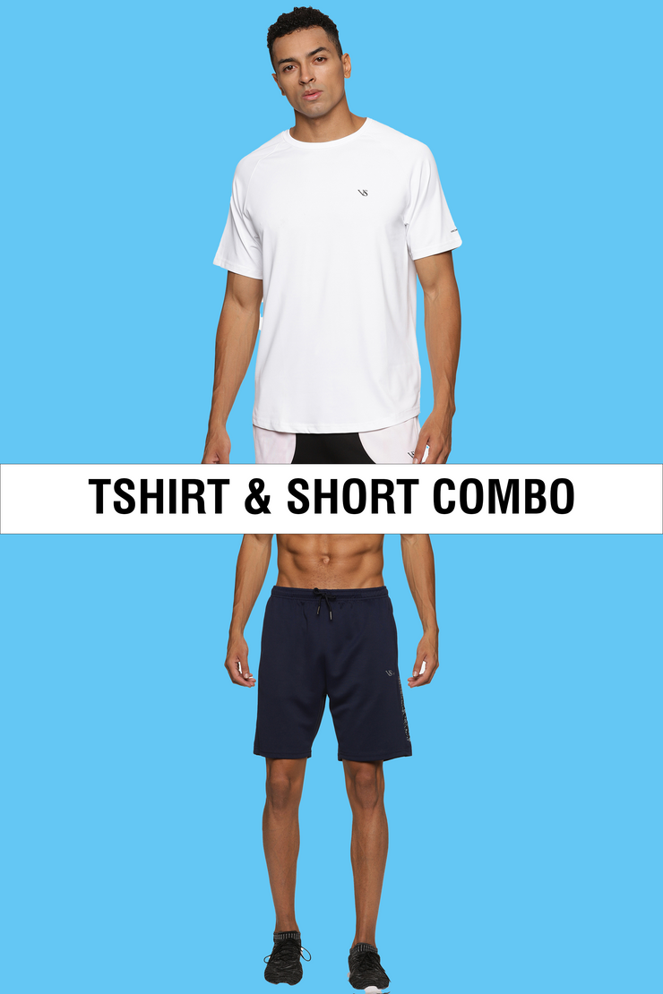 Poly Cotton White T-Shirt With Navy Blue Shorts