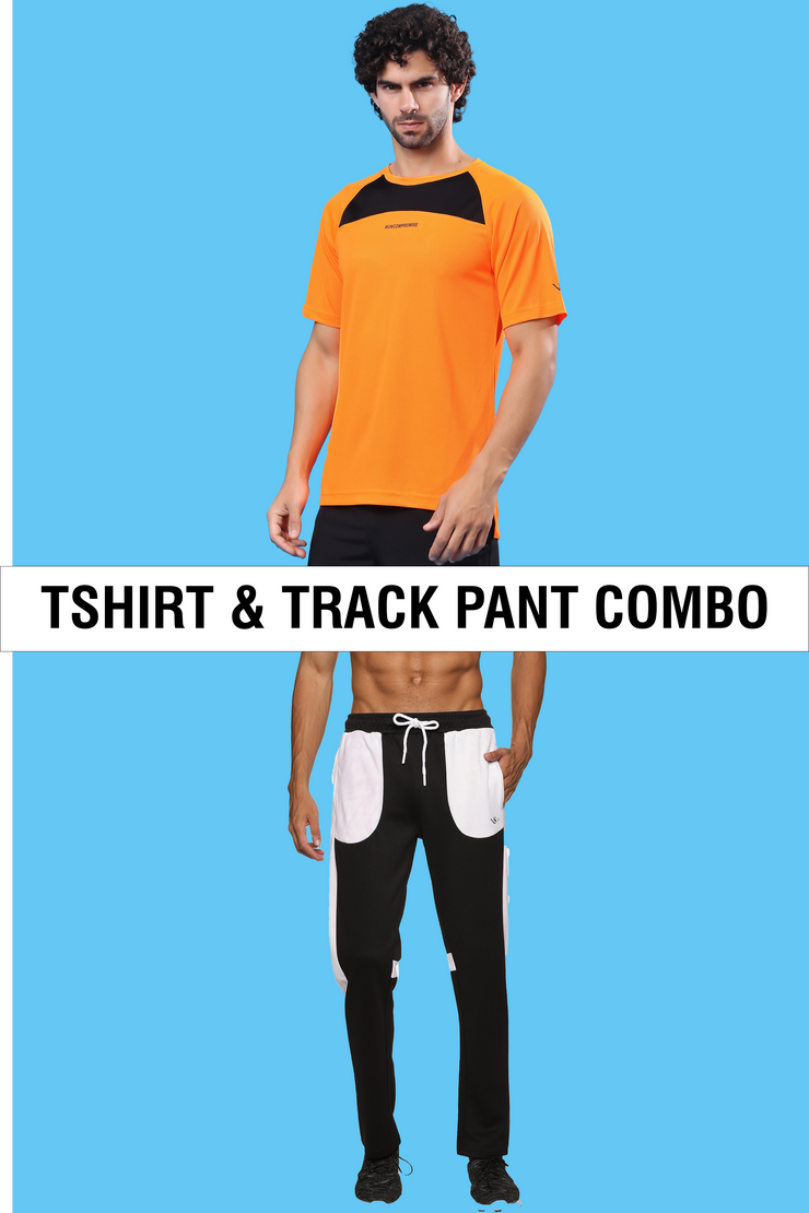 Neon Orange Sports T-Shirt With Men Black Trackpant