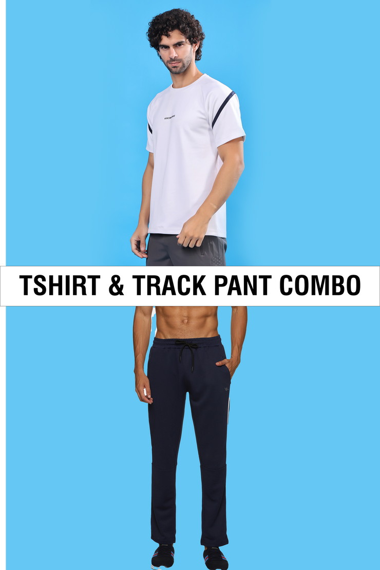 Polyester White T-Shirt With Navy Blue Trackpant For Men