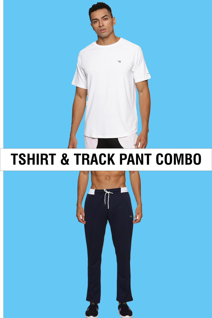 Poly Cotton White T-Shirt With Navy Blue Trackpant For Men