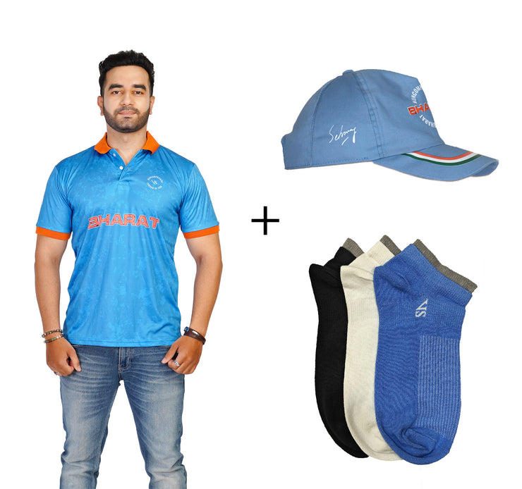 VS - Men's India Cricket Fan Jersey with Light blue Cap and Pack of 3 Socks combo